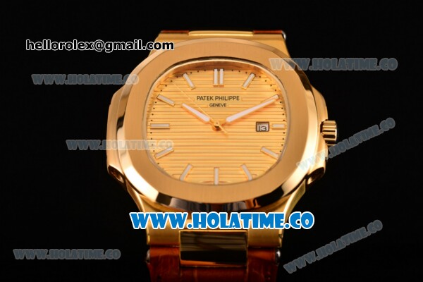 Patek Philippe Nautilus Asia Automatic Yellow Gold Case with Gold Dial Brown Leather Strap and Stick Markers - Click Image to Close